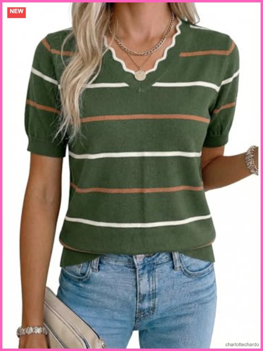 Women's Short Sleeve Knit Top Ruffle V-Neck Sweater